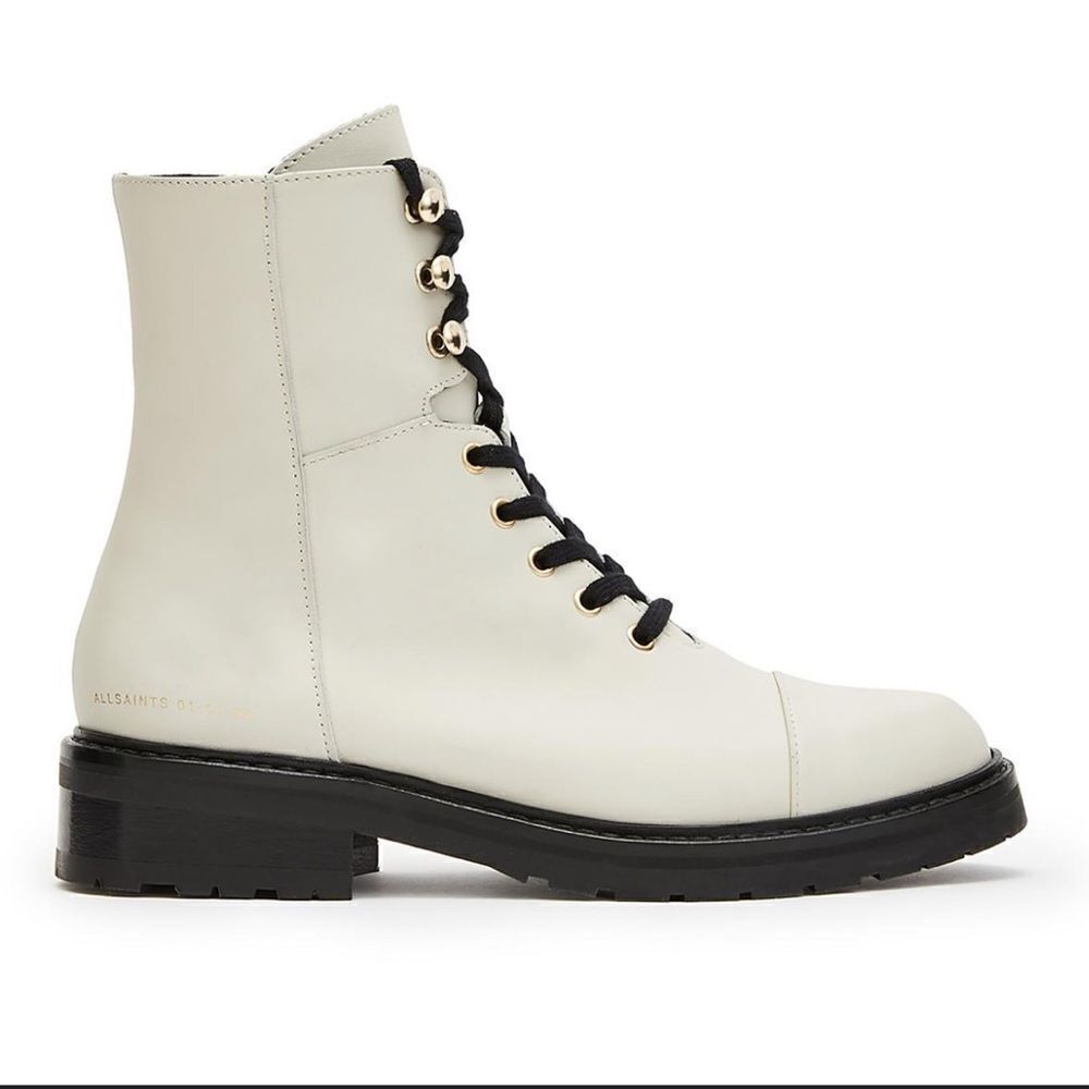 All Saints Dusty Leather Lace Up Combat Boots in White NWOB